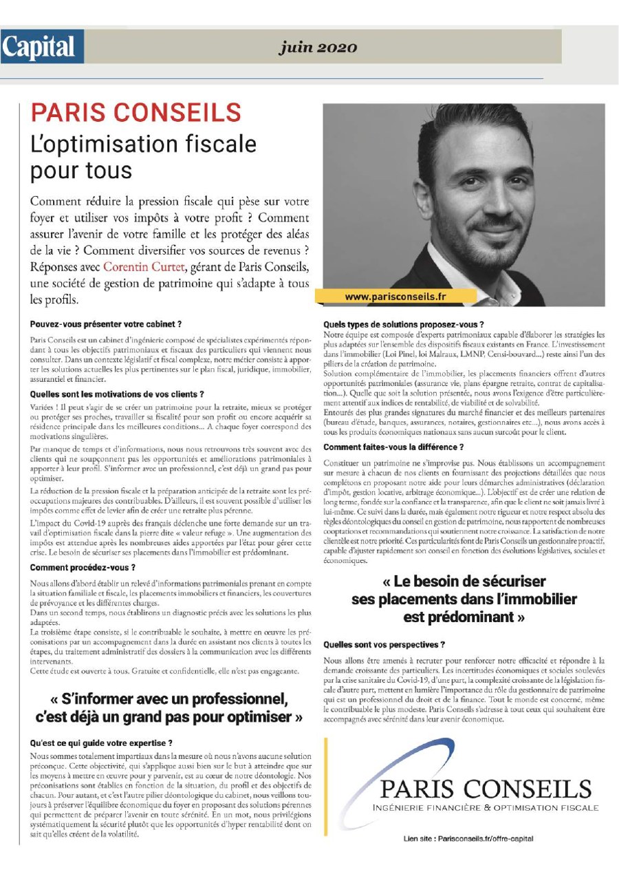 Article Capital juin 2020 — Paris Conseils, l'optimisation fiscale pour tous